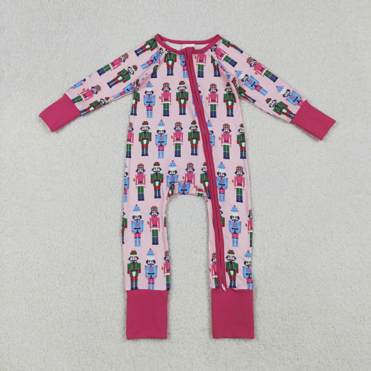 LR2598 Baby Girls Pink Soldiers Plaid Christmas Zipper Footed Rompers