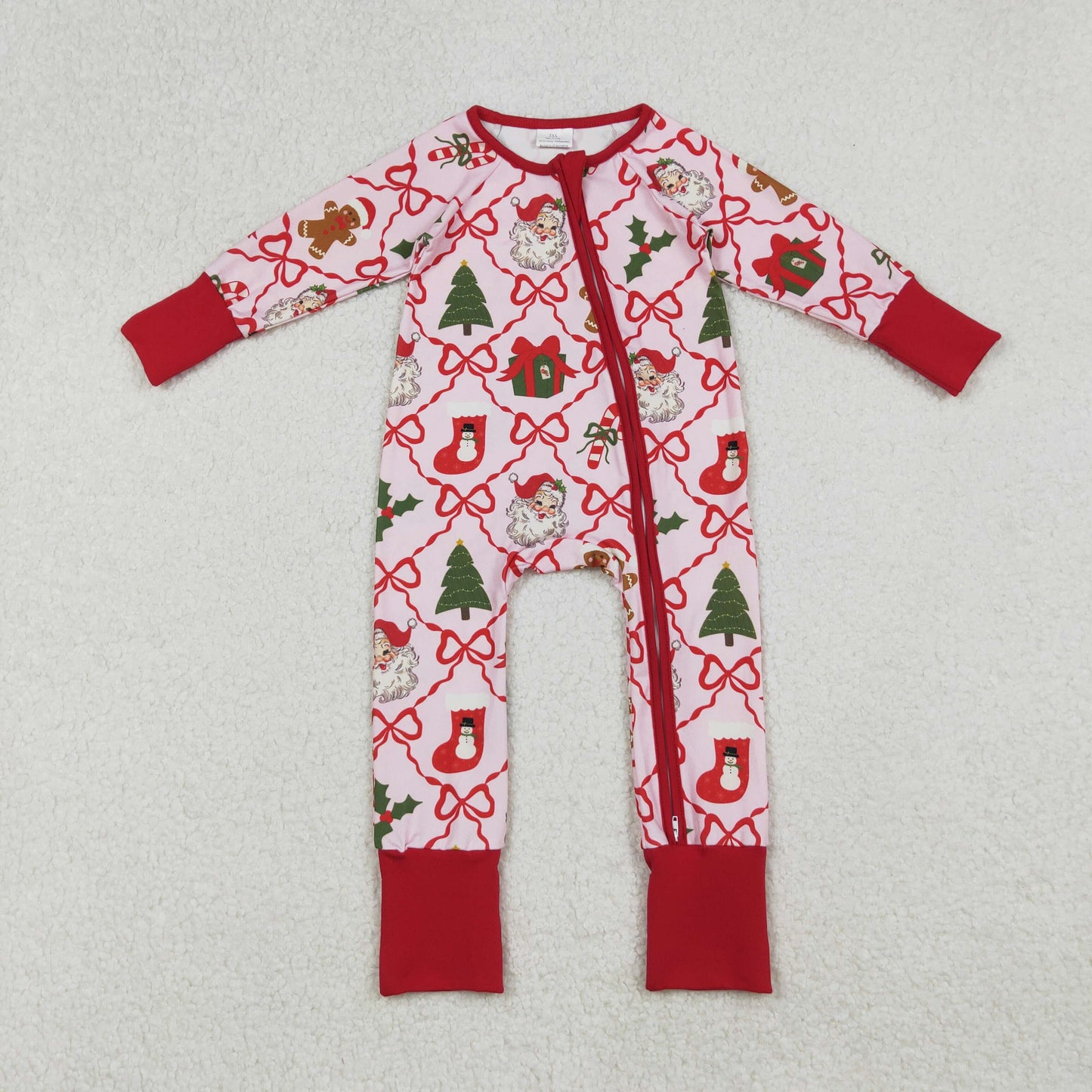 Mama and Me Bows Santa Socks Checked Top Pants Christmas Pajamas Sets Zipper Rompers