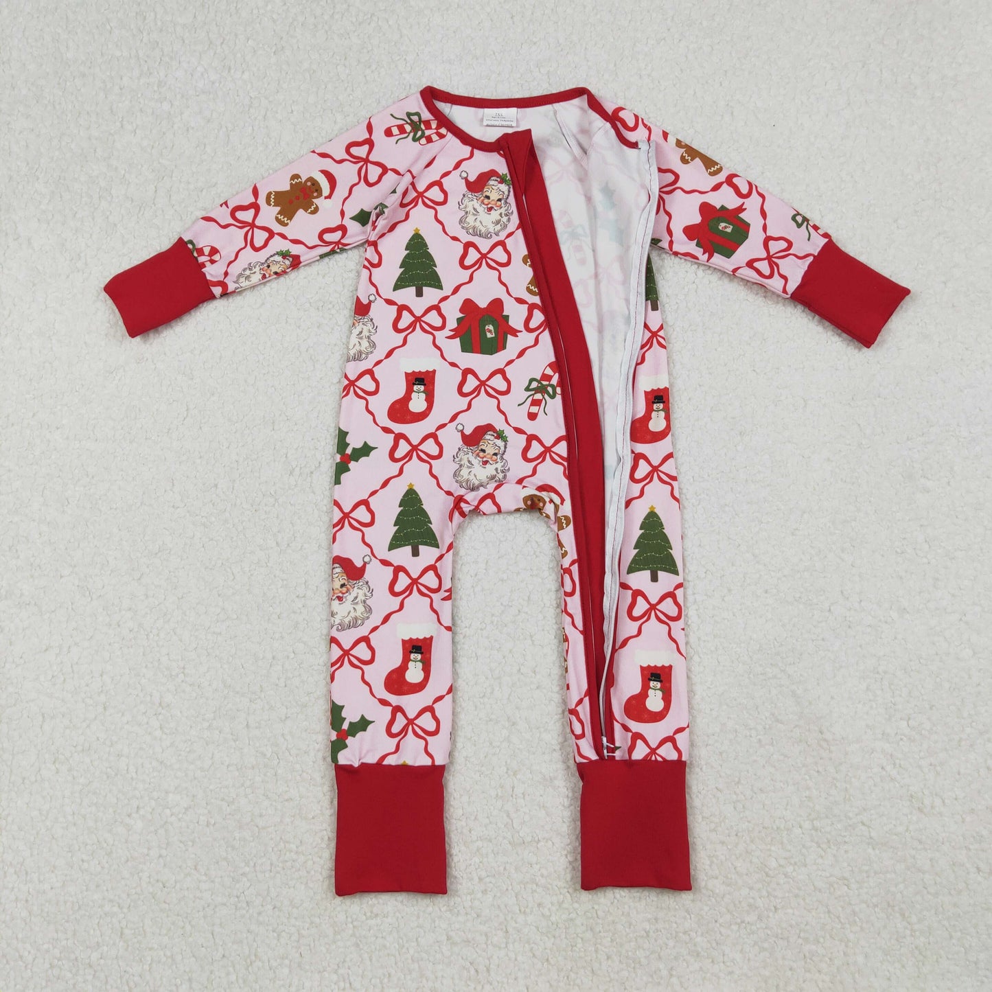 LR2632 Baby Girls Red Bows Santa Gifts Checked Christmas Zipper Footed Rompers