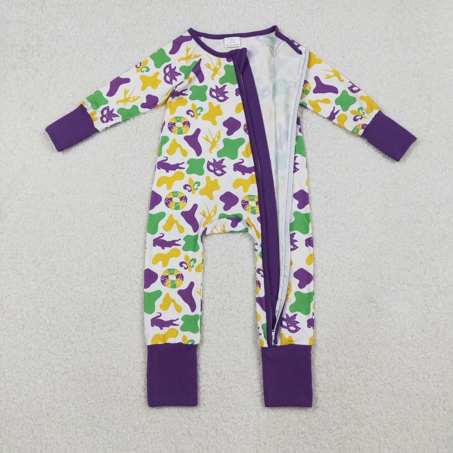 LR2637 Baby Boys Mardigras Camo Crayfishes Donuts Zipper Footed Rompers
