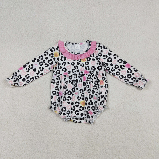 LR2638 Baby Girls Long Sleeve Hearts Leopard Valentines Ruffle Collar Rompers