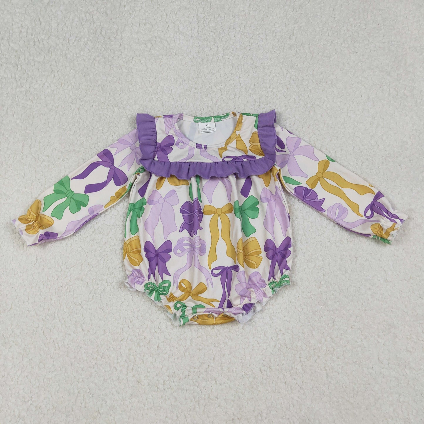 LR2642 Baby Girls Long Sleeve Mardigras Bows Plaid Ruffle Rompers