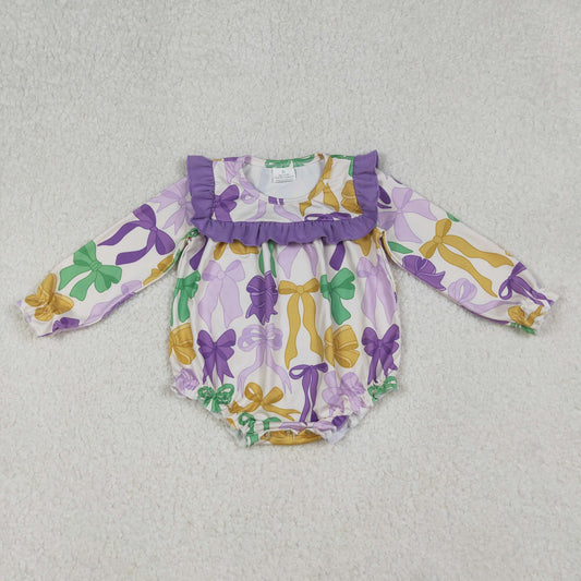 LR2642 Baby Girls Long Sleeve Mardigras Bows Plaid Ruffle Rompers