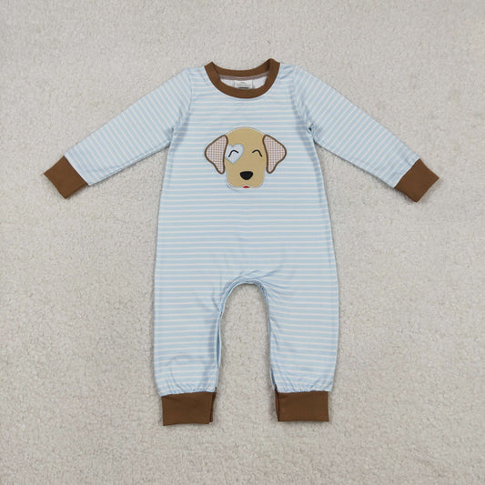 LR2659 Baby Boys Blue Stripe Embroidery Dogs Footie Rompers