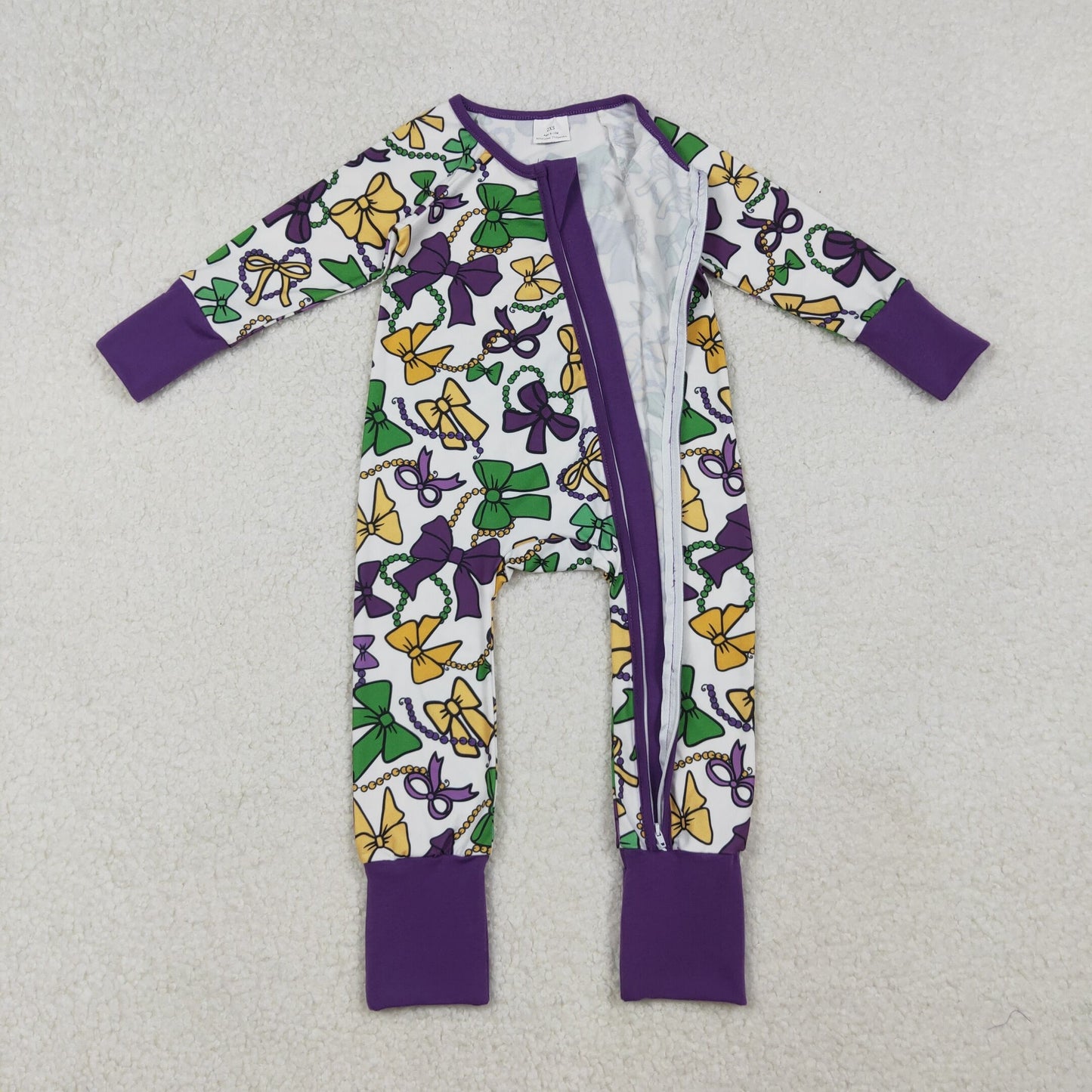 LR2678 Baby Girls Mardigras Bows Necklaces Plaid Zipper Footed Rompers