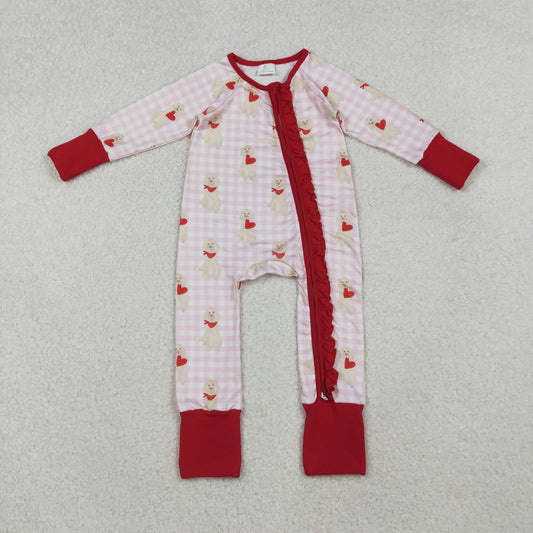 LR2681 Baby Girls Pink Checked Hearts Dogs Valentine Ruffle Zipper Footed Rompers