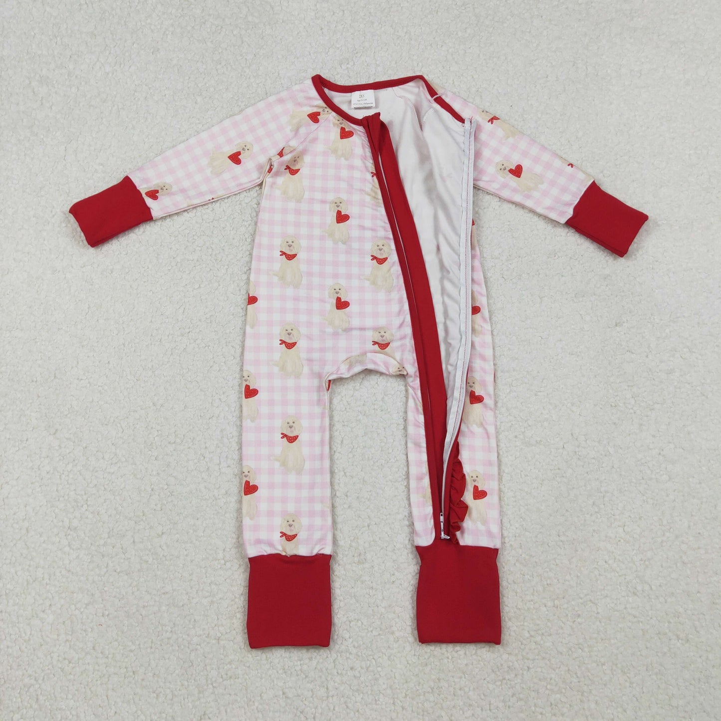 LR2681 Baby Girls Pink Checked Hearts Dogs Valentine Ruffle Zipper Footed Rompers