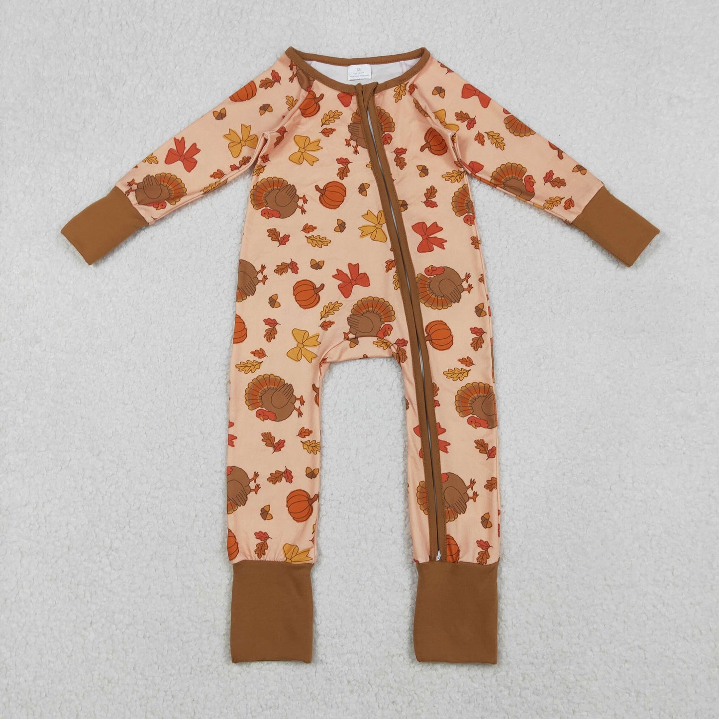LR2689 Baby Girls Thanksgiving Turkey Pumpkins Two Way Zip Convertible Rompers