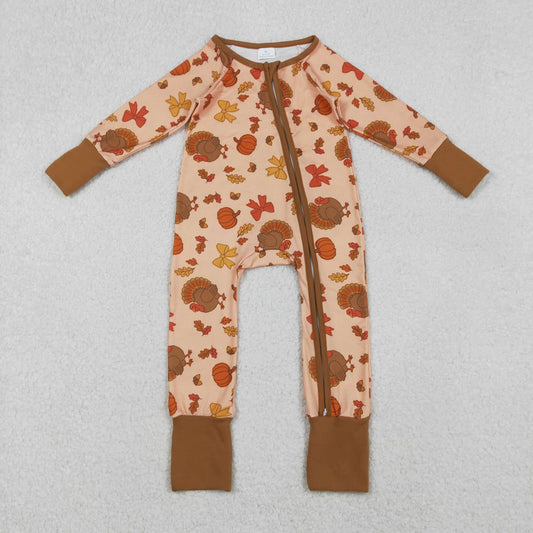 LR2689 Baby Girls Thanksgiving Turkey Pumpkins Two Way Zip Convertible Rompers