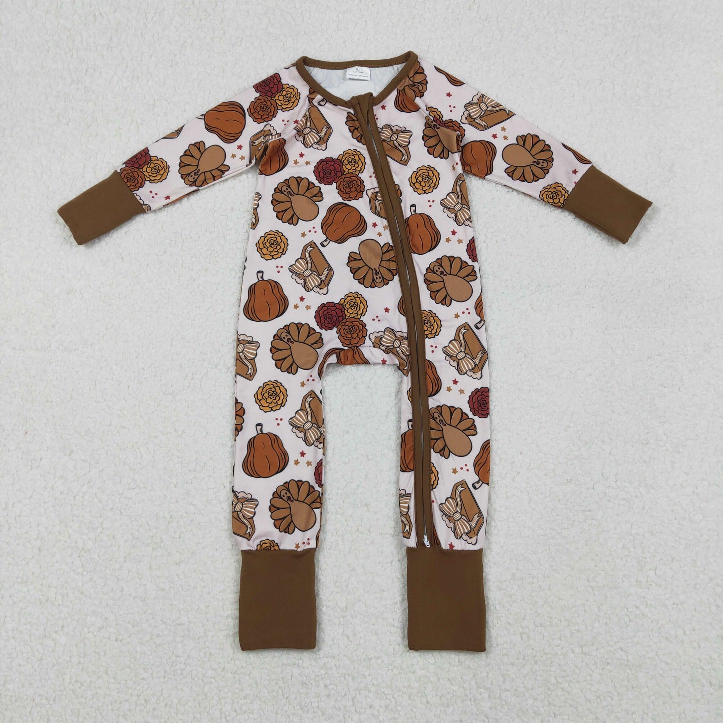 LR2690 Baby Girls Turkey Flowers Pumpkins Thanksgiving Zipper Footed Rompers