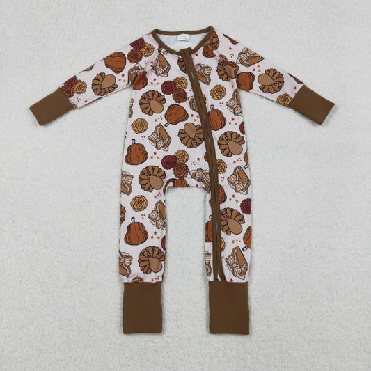 LR2690 Baby Girls Turkey Flowers Pumpkins Thanksgiving Zipper Footed Rompers