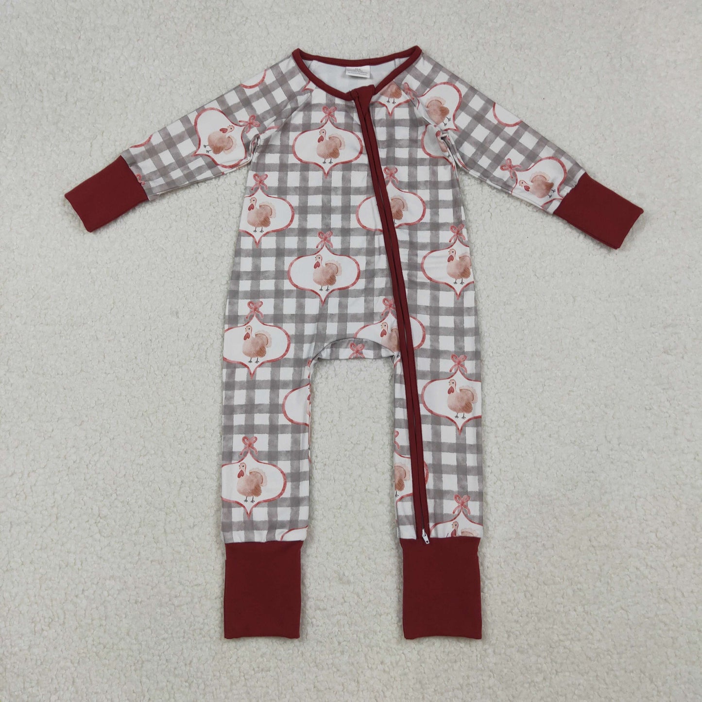 LR2691 Baby Boys Turkey Checked Thanksgiving Zipper Footed Rompers