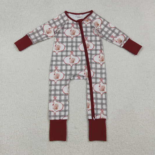 LR2691 Baby Boys Turkey Checked Thanksgiving Zipper Footed Rompers