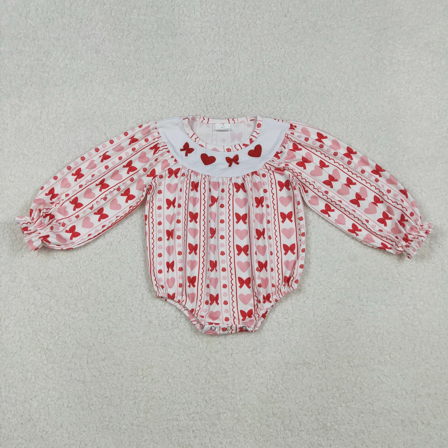 LR2696 Baby Girls Embroidery Bows Hearts Stripe Valentine Ruffle Rompers