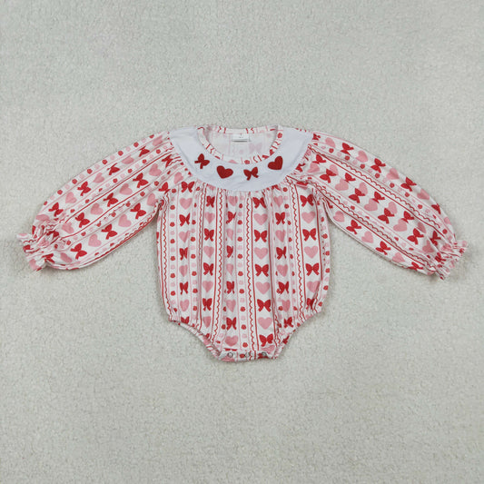 LR2696 Baby Girls Embroidery Bows Hearts Stripe Valentine Ruffle Rompers