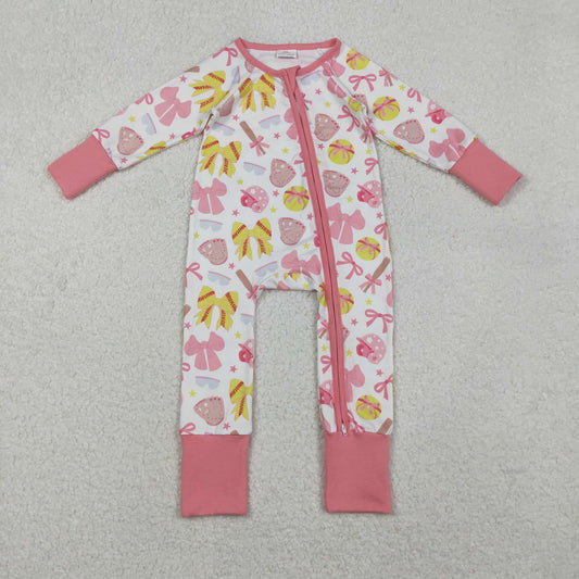 LR2705 Baby Girls Pink Bows Baseballs Plaid Team Two Way Zip Convertible Rompers