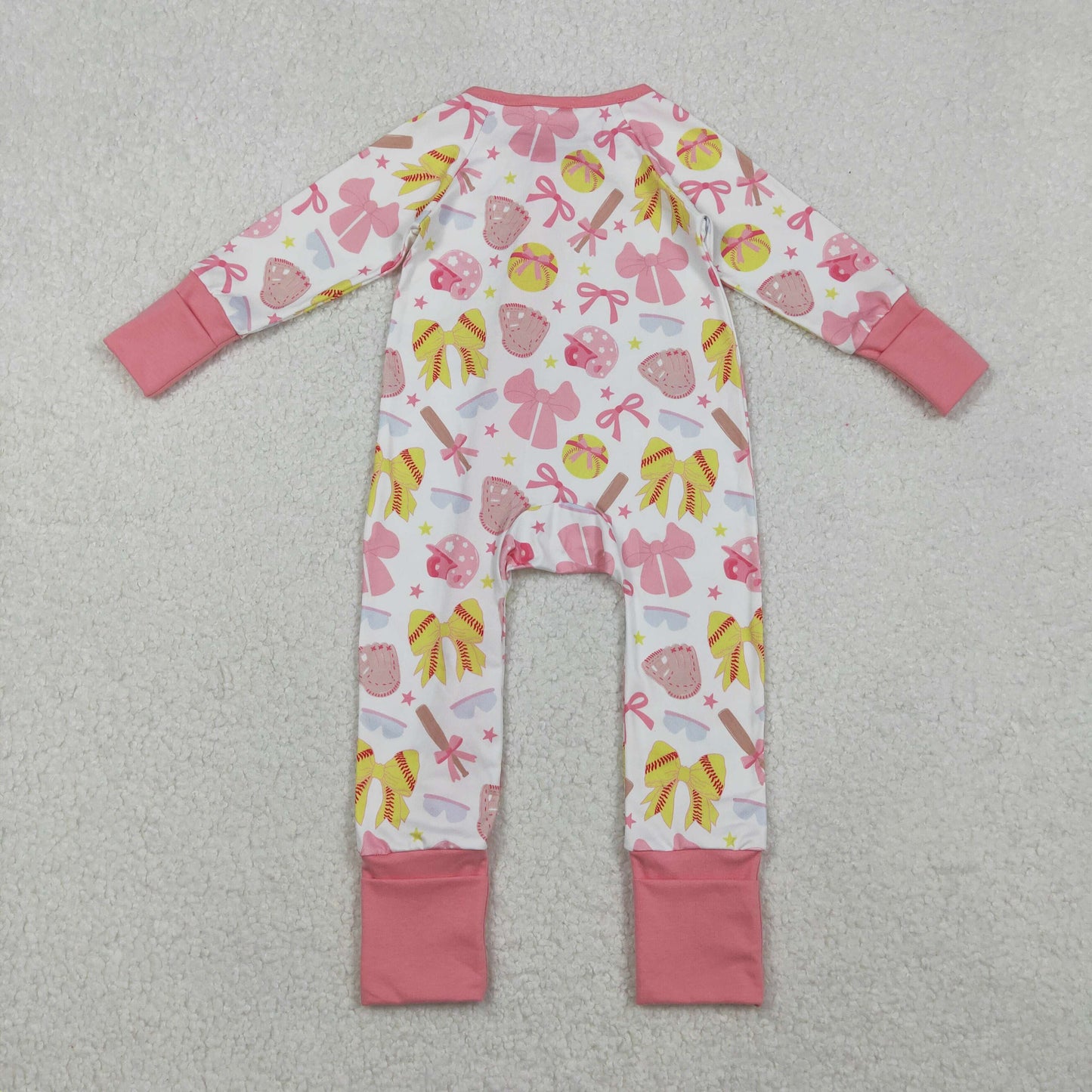 LR2705 Baby Girls Pink Bows Baseballs Plaid Team Two Way Zip Convertible Rompers