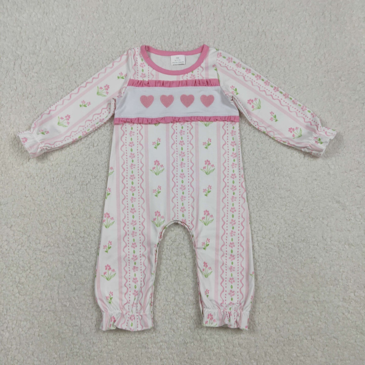 LR2714 Baby Girls Embroidery Hearts Flowers Stripe Valentines Ruffle Rompers