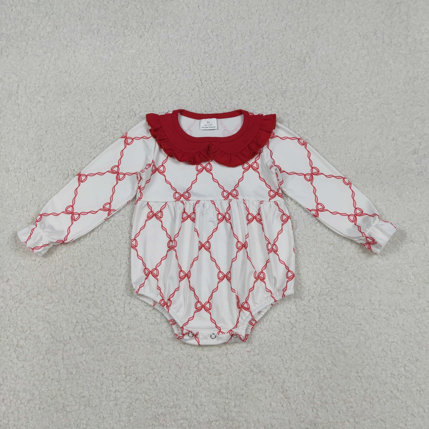 LR2725 Baby Girls Red Bows Checked Ruffle Collar Rompers