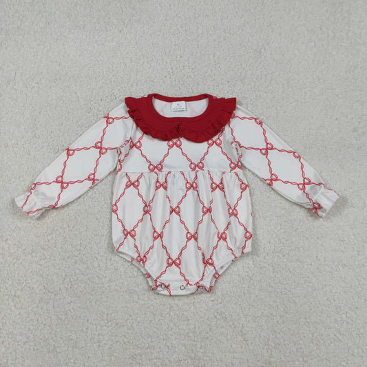 LR2725 Baby Girls Red Bows Checked Ruffle Collar Rompers