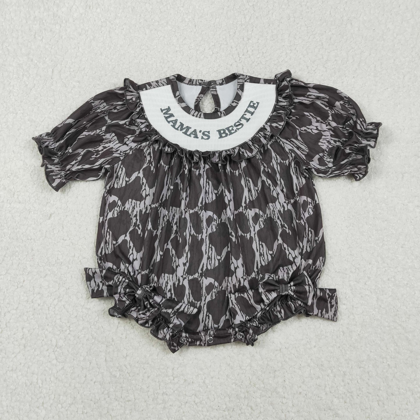 Sibling Baby Girls Smocked Mama's Bestie Camo Bows Ruffle Rompers
