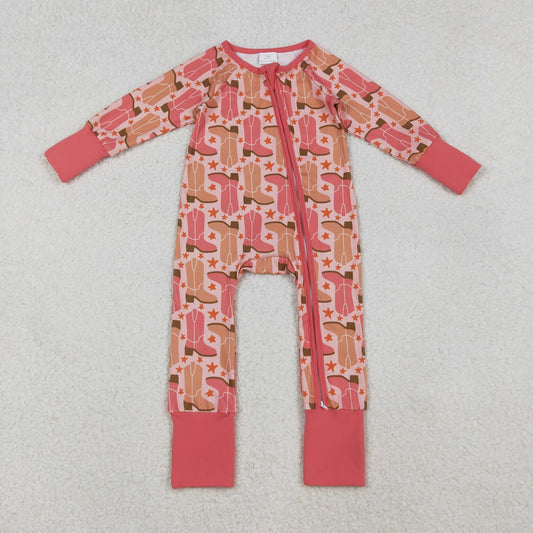 LR2733 Baby Girls Pink Boots Stars Plaid Western Two Way Zip Convertible Rompers