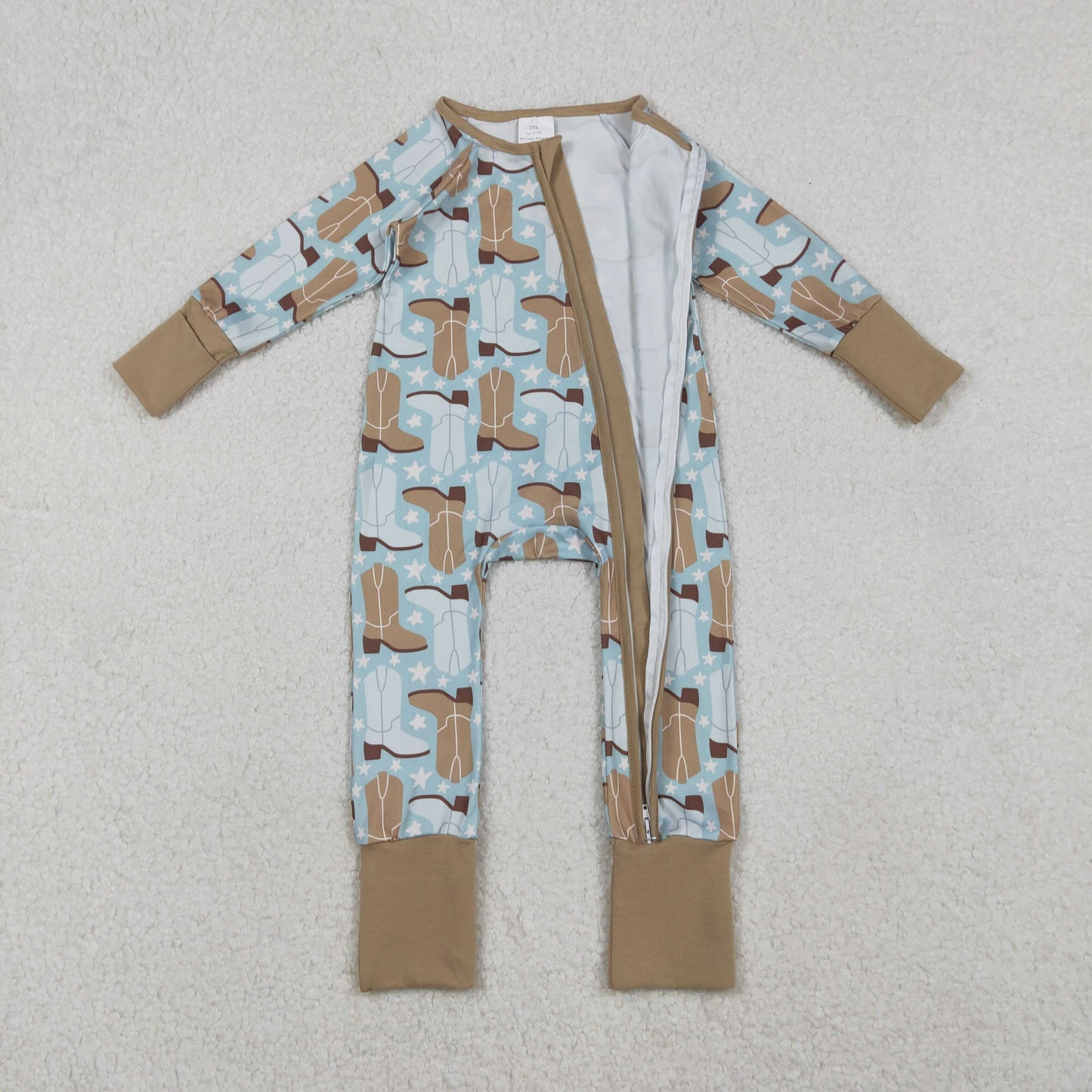 LR2734 Baby Boys Blue Boots Stars Plaid Western Two Way Zip Convertible Rompers