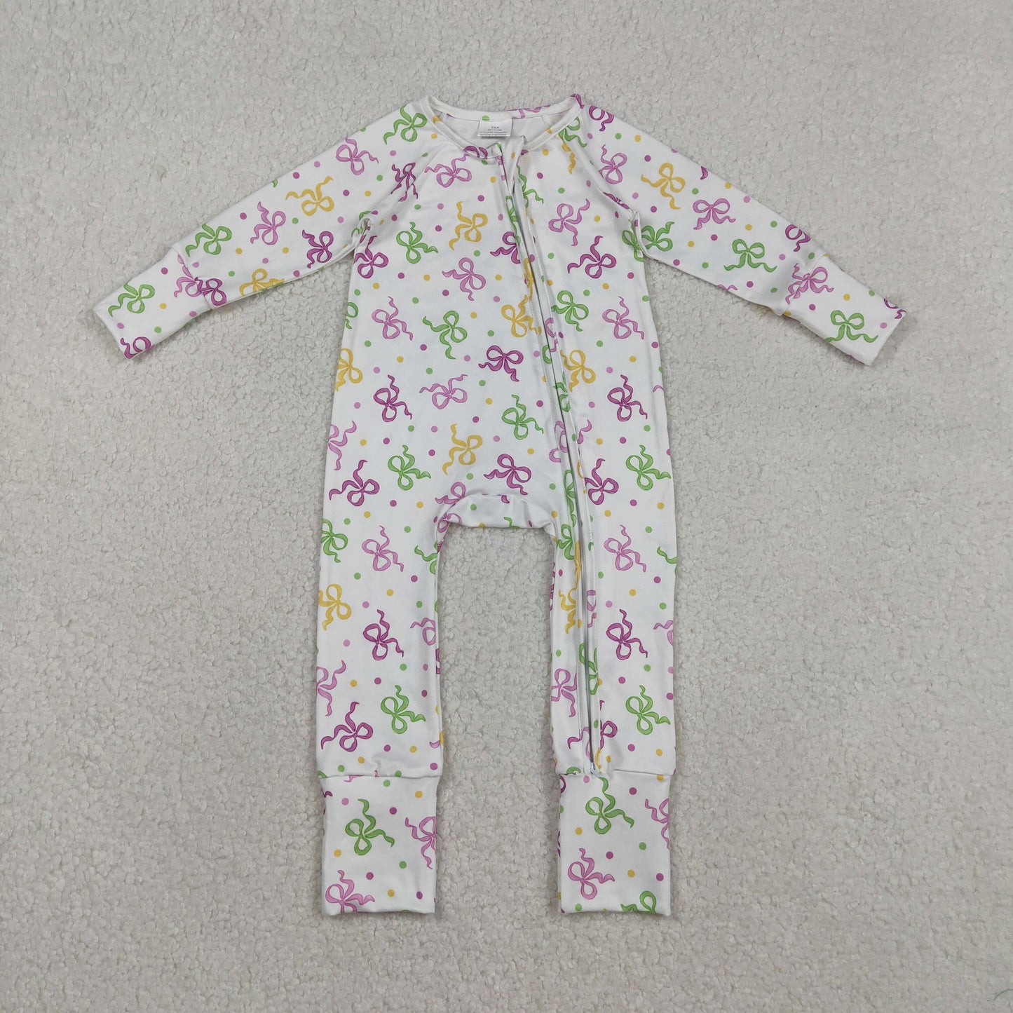 LR2735 Baby Girls Mardigras Bows Polka Dots Two Way Zip Convertible Rompers