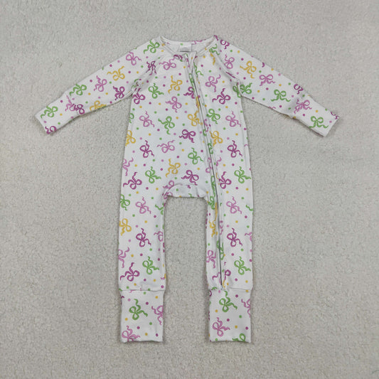 LR2735 Baby Girls Mardigras Bows Polka Dots Two Way Zip Convertible Rompers
