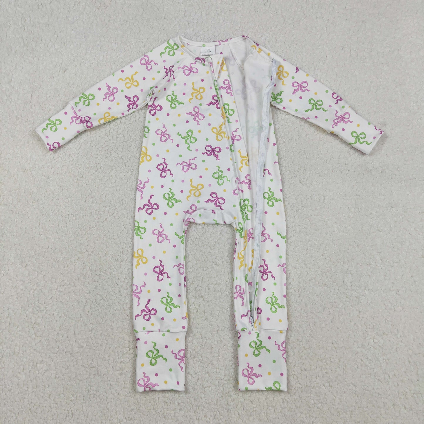 LR2735 Baby Girls Mardigras Bows Polka Dots Two Way Zip Convertible Rompers