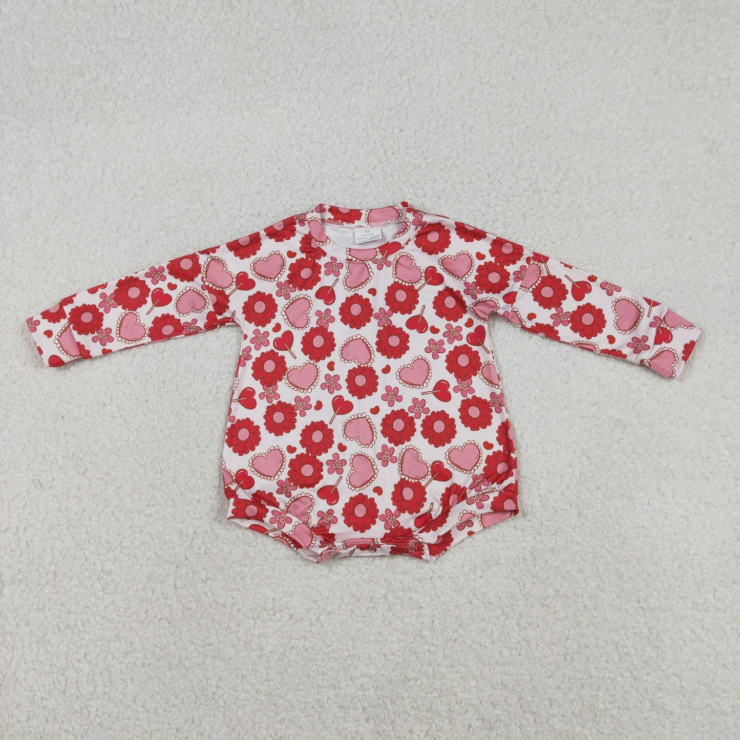 LR2758 Baby Girls Long Sleeve Red Flowers Hearts Valentines  Collar Rompers