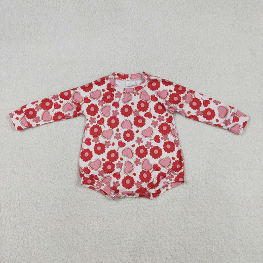 LR2758 Baby Girls Long Sleeve Red Flowers Hearts Valentines  Collar Rompers