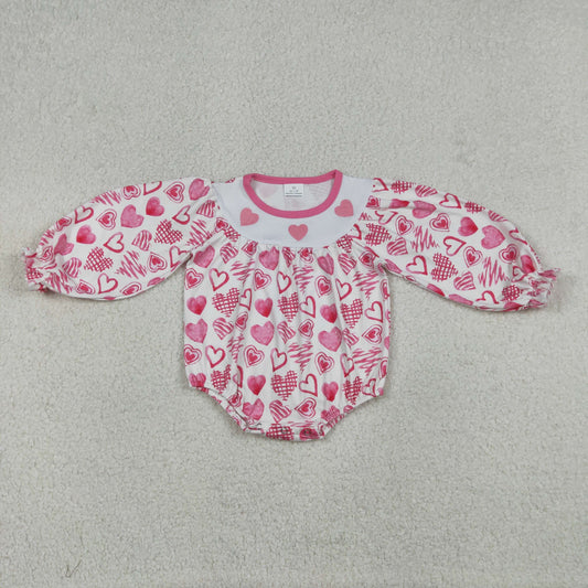 LR2767 Baby Girls Long Sleeve Pink Embroidery Hearts Valentines Ruffle Rompers