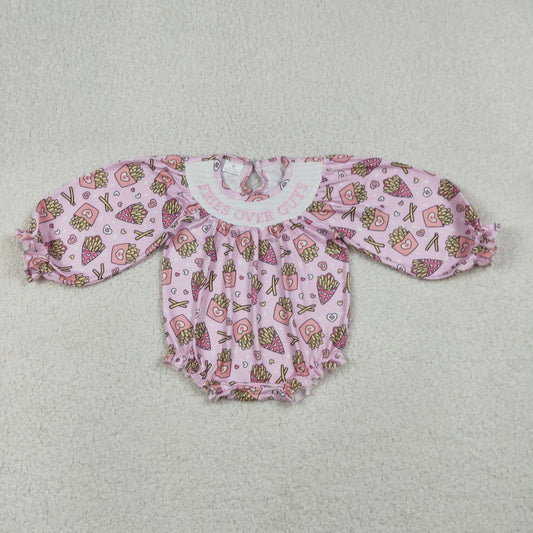 LR2768 Smocked Fries Over Guys Baby Girls Chip Hearts Valentines Ruffle Rompers