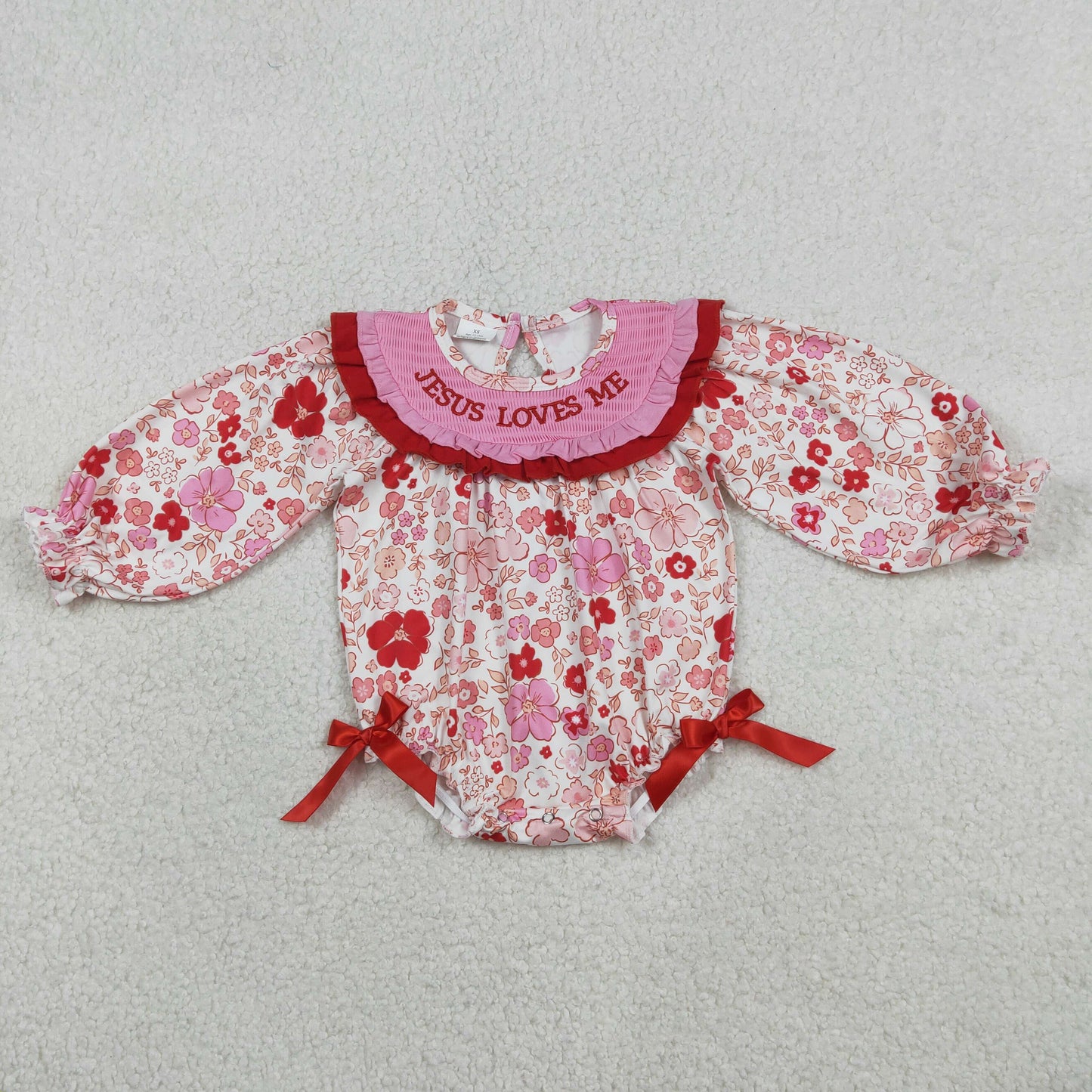 LR2769 Smocked Jesus Loves Me Baby Girls Colorful Flowers Ruffle Rompers
