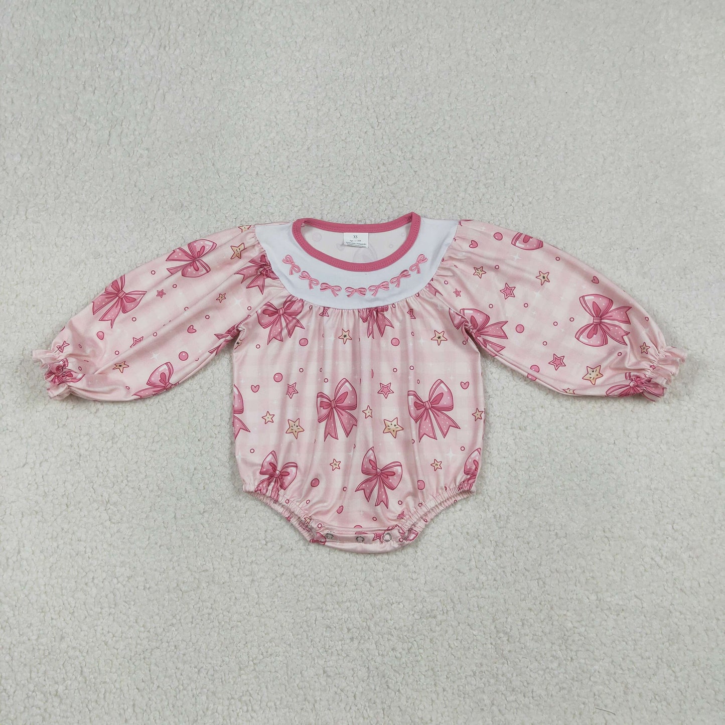 LR2771 Baby Girls Long Sleeve Embroidery Bows Hearts Valentines Ruffle Rompers