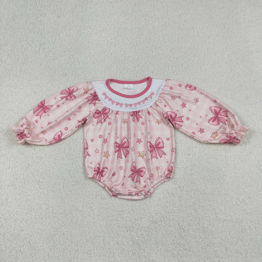 LR2771 Baby Girls Long Sleeve Embroidery Bows Hearts Valentines Ruffle Rompers