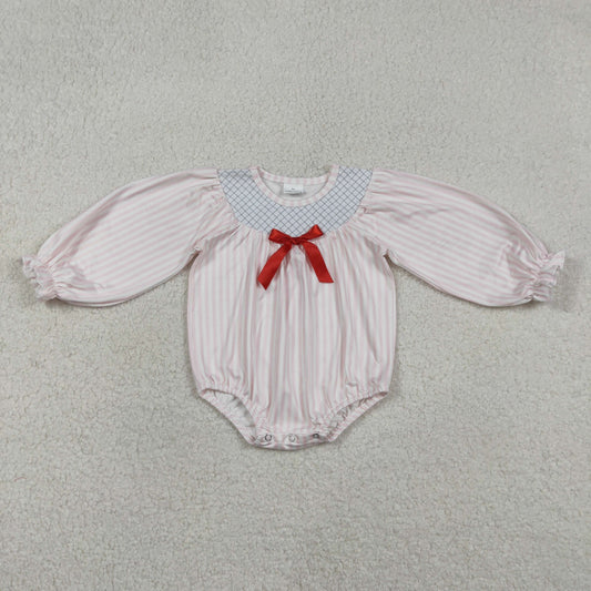 LR2773 Baby Girls Long Sleeve Embroidery Checked Pink Stripe Ruffle Rompers