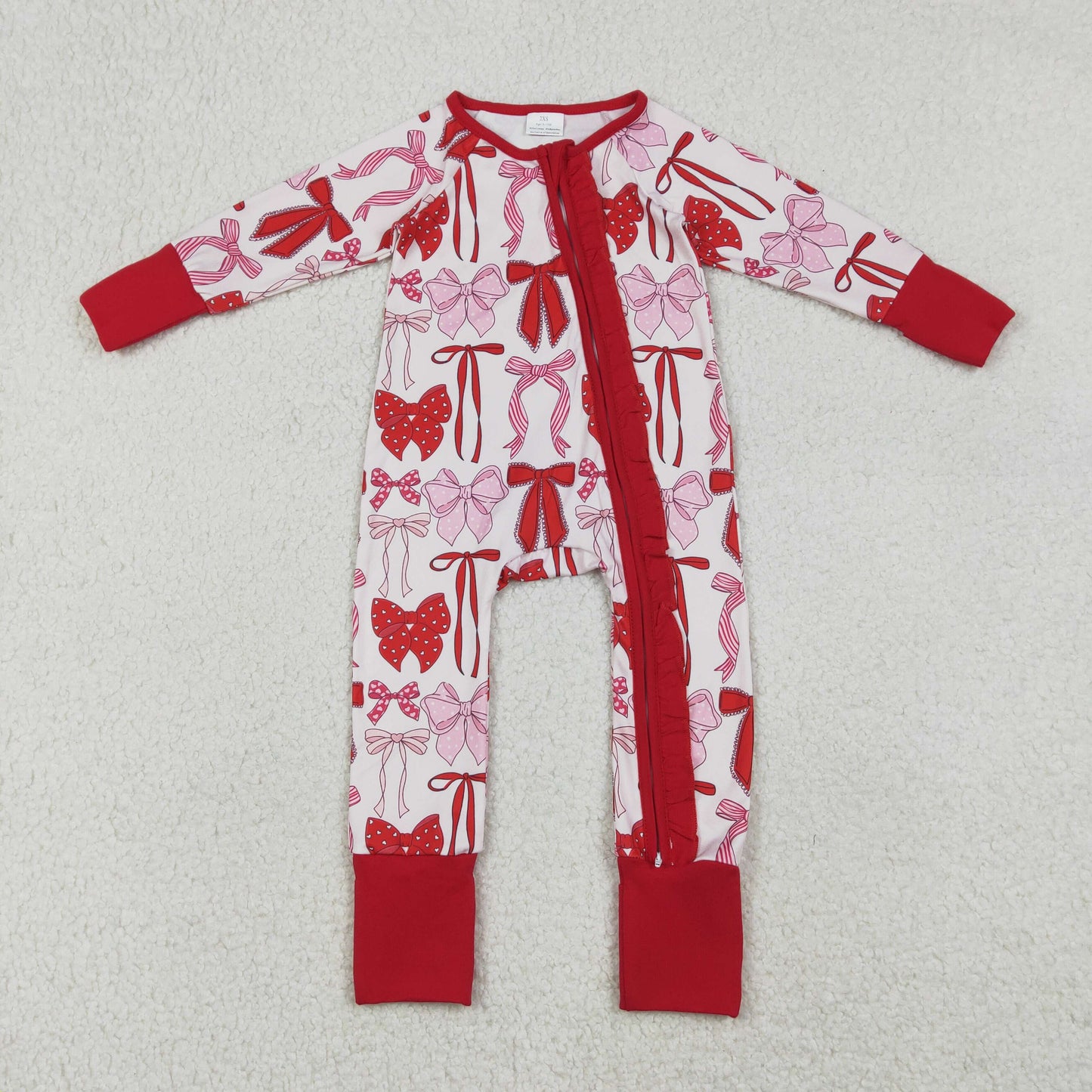 LR2780 Baby Girls Hearts Bows Two Way Ruffle Zip Convertible Valentines Rompers