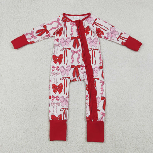 LR2780 Baby Girls Hearts Bows Two Way Ruffle Zip Convertible Valentines Rompers