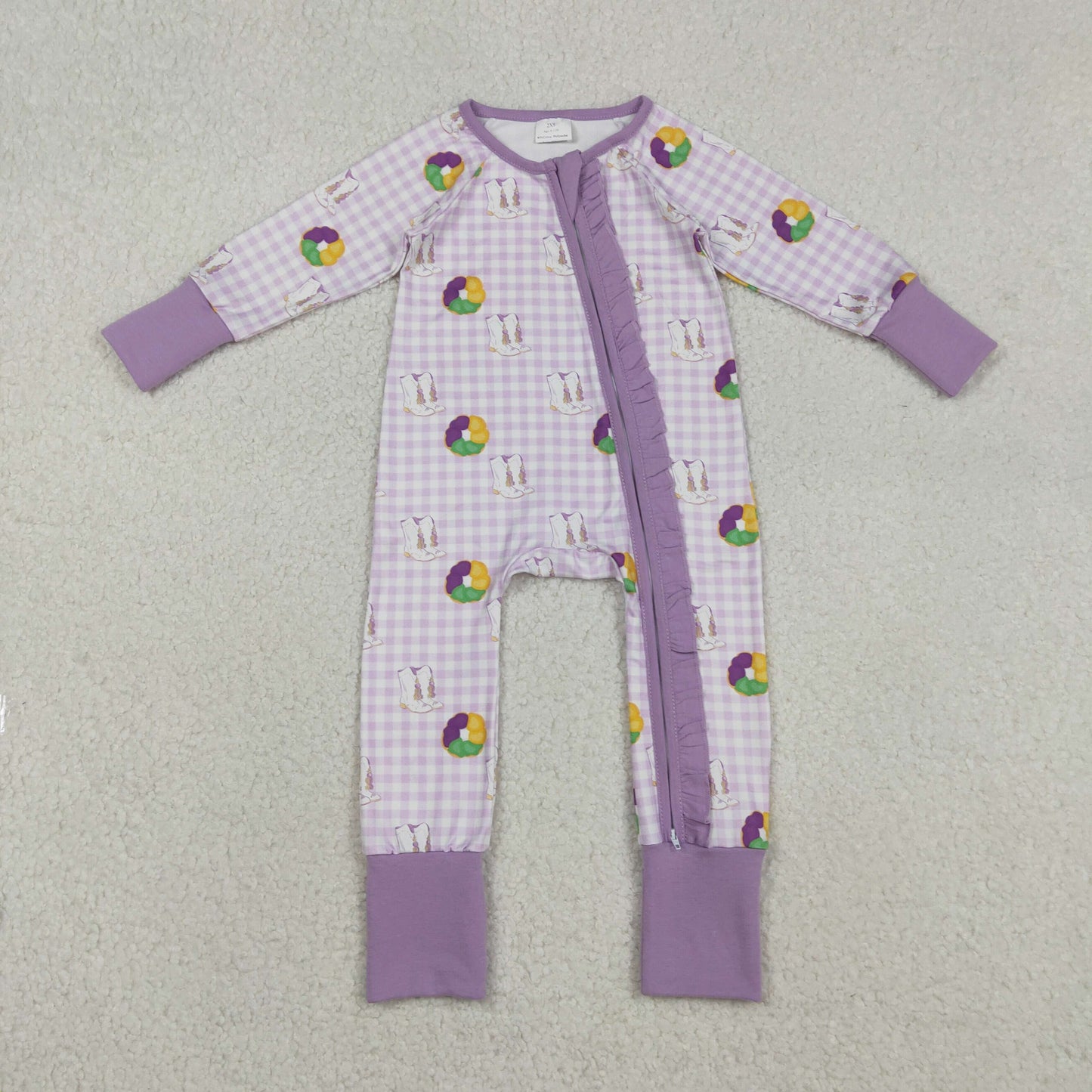 Sibling Baby Girls Mardigras Donuts Boot Checked Dress Pocket Short Clothes Set Ruffle Zip Romper