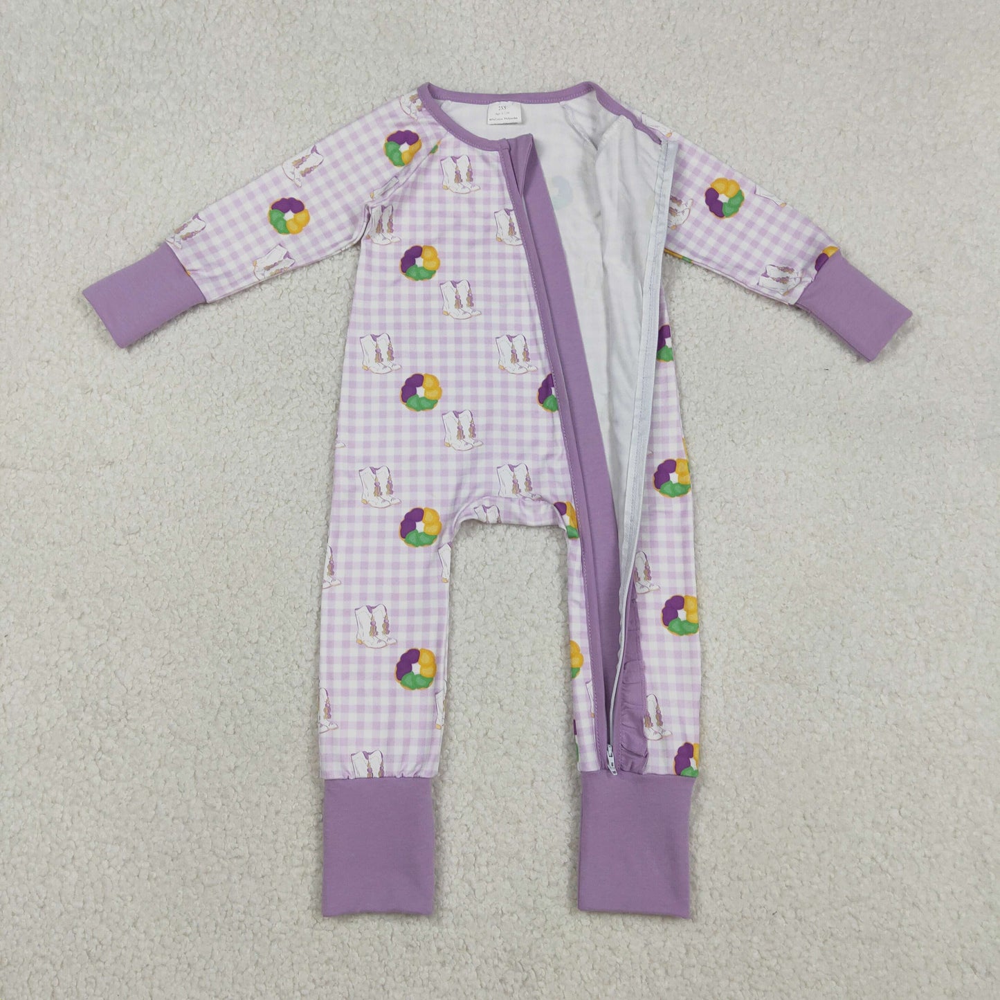 LR2783 Baby Girls Mardigras Donut Boots Checked Two Way Ruffle Zip Convertible Rompers