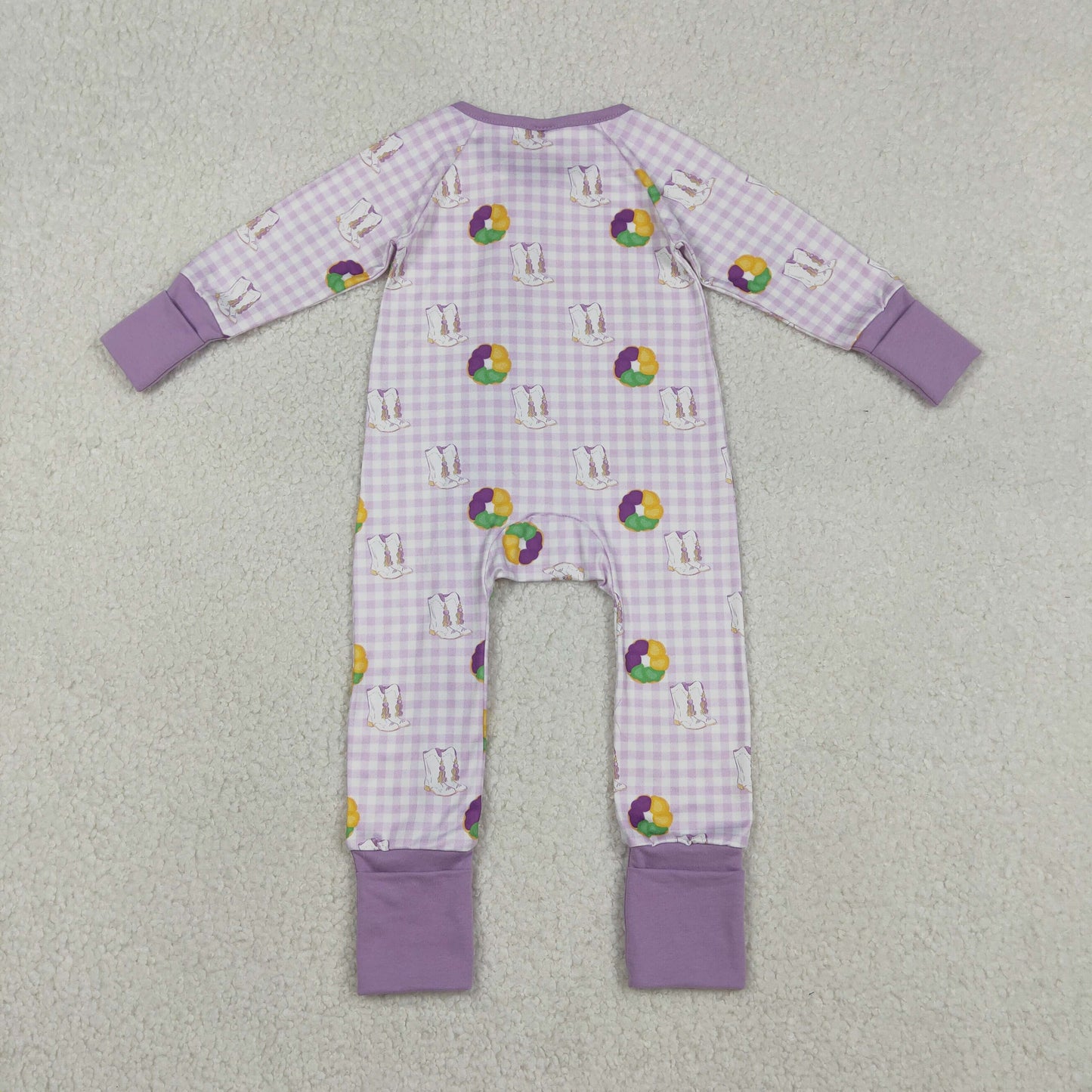LR2783 Baby Girls Mardigras Donut Boots Checked Two Way Ruffle Zip Convertible Rompers