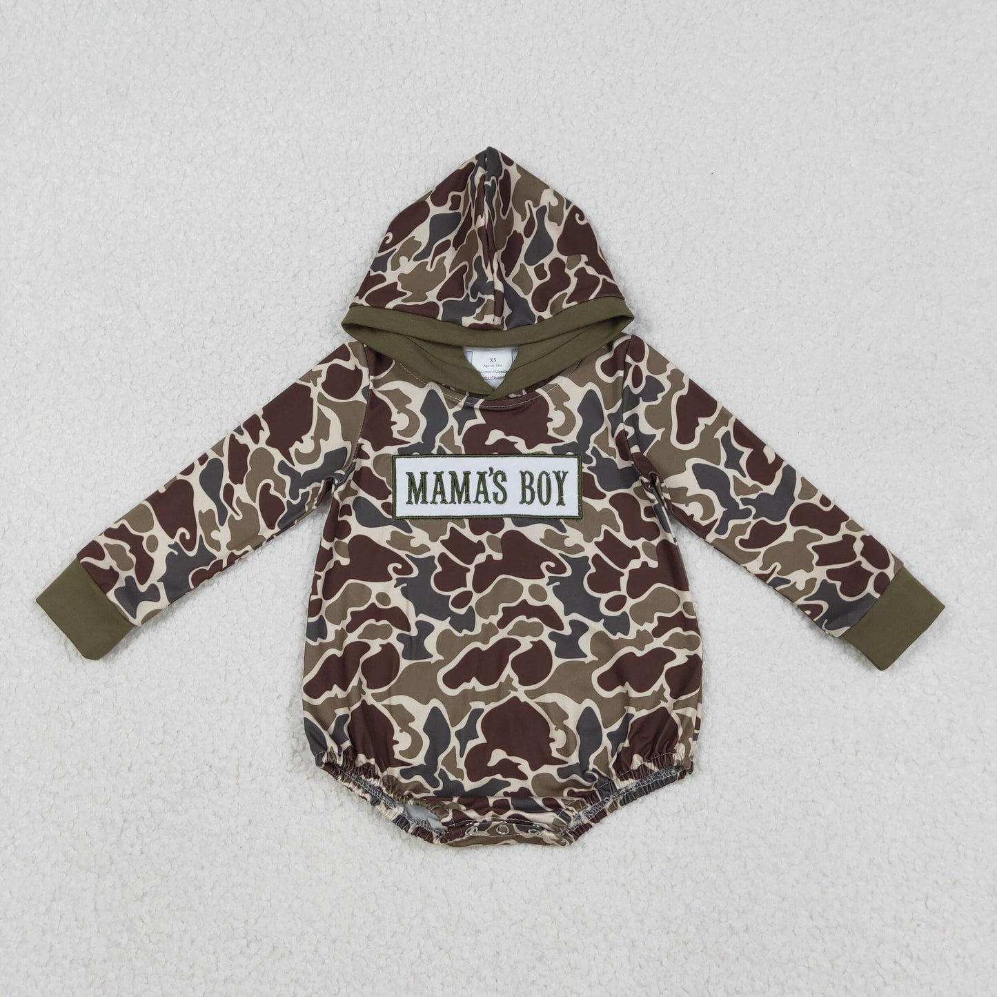 LR2791 Baby Boys Embroidery Mama's Boy Dark Khaki Camo Hoodies Rompers