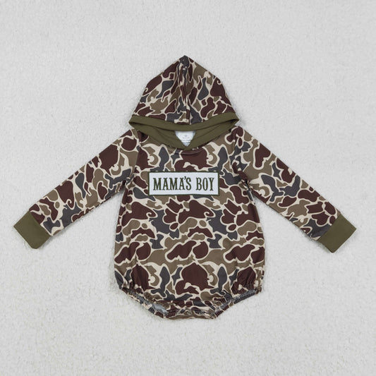 LR2791 Baby Boys Embroidery Mama's Boy Dark Khaki Camo Hoodies Rompers