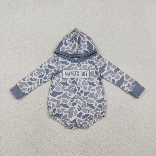 LR2794 Baby Boys Embroidery Mama's Boy Light Grey Camo Hoodies Rompers