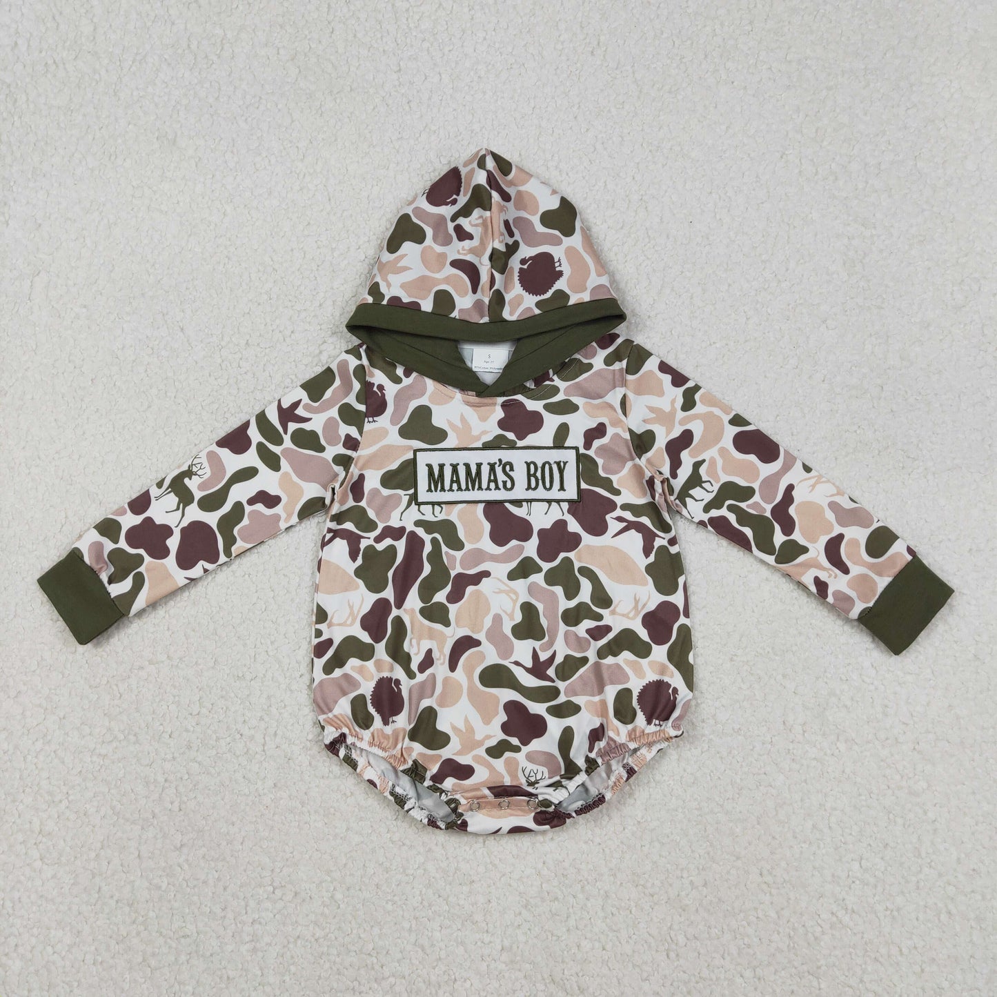 LR2797 Baby Boys Embroidery Mama's Boy Dog Ducks Deer Camo Hoodies Rompers