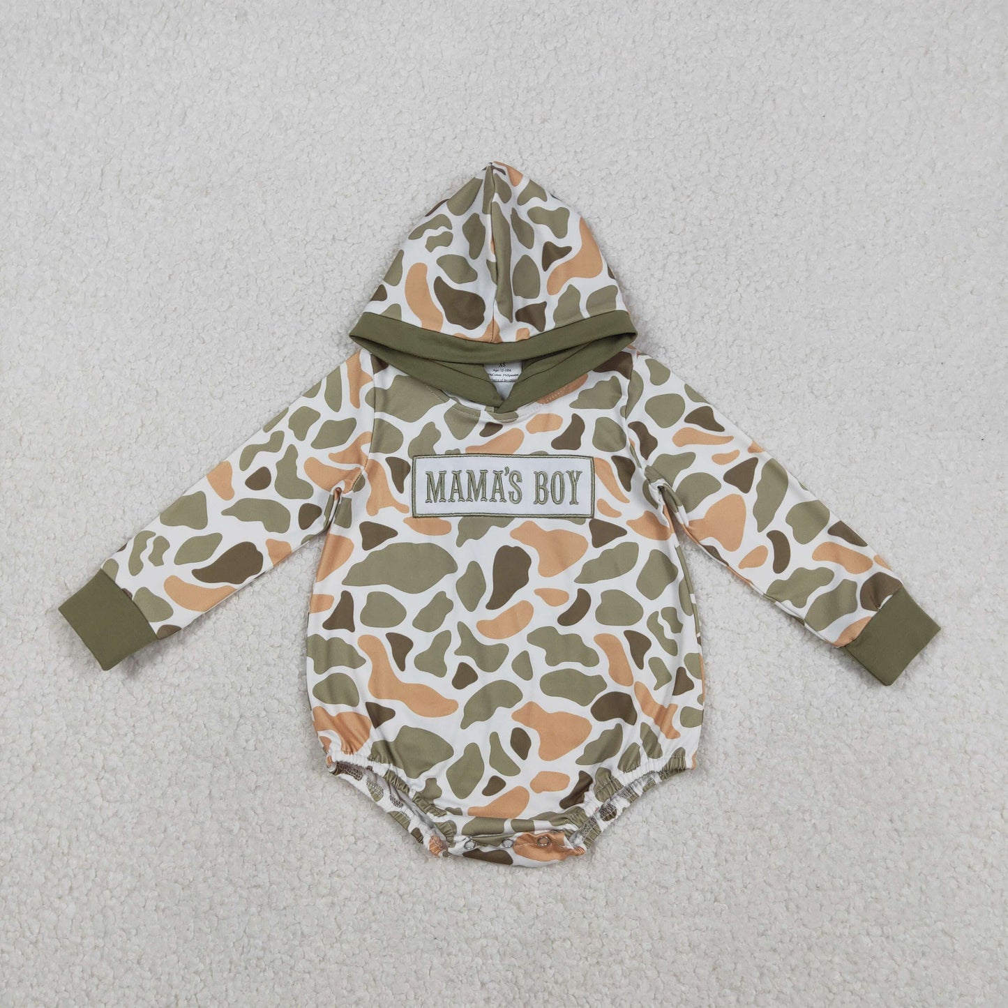LR2798 Baby Boys Embroidery Mama's Boy Orange Camo Hoodies Rompers