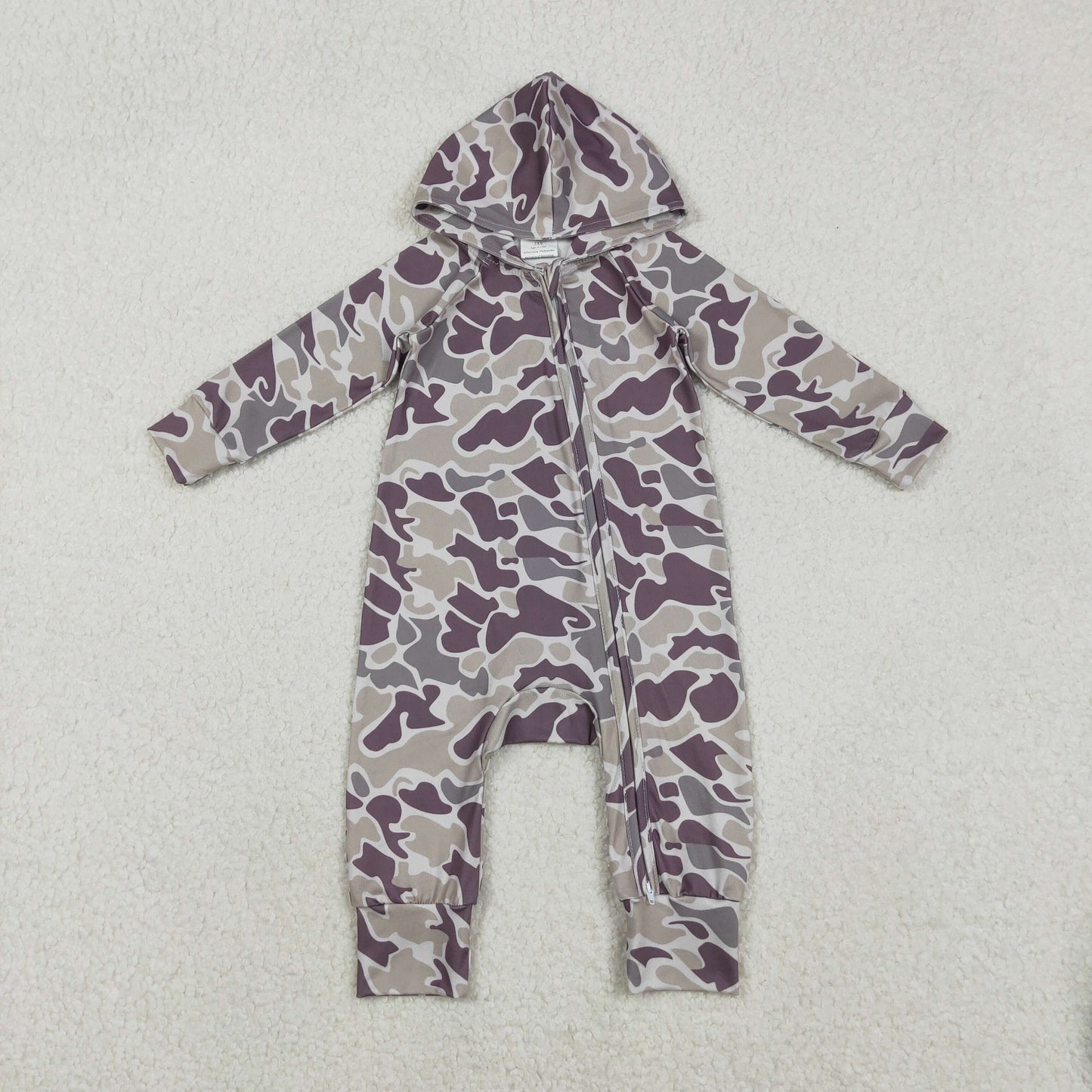 LR2811 Baby Boys Southern Grey Camo Two Way Zip Hoodies Hunting Rompers