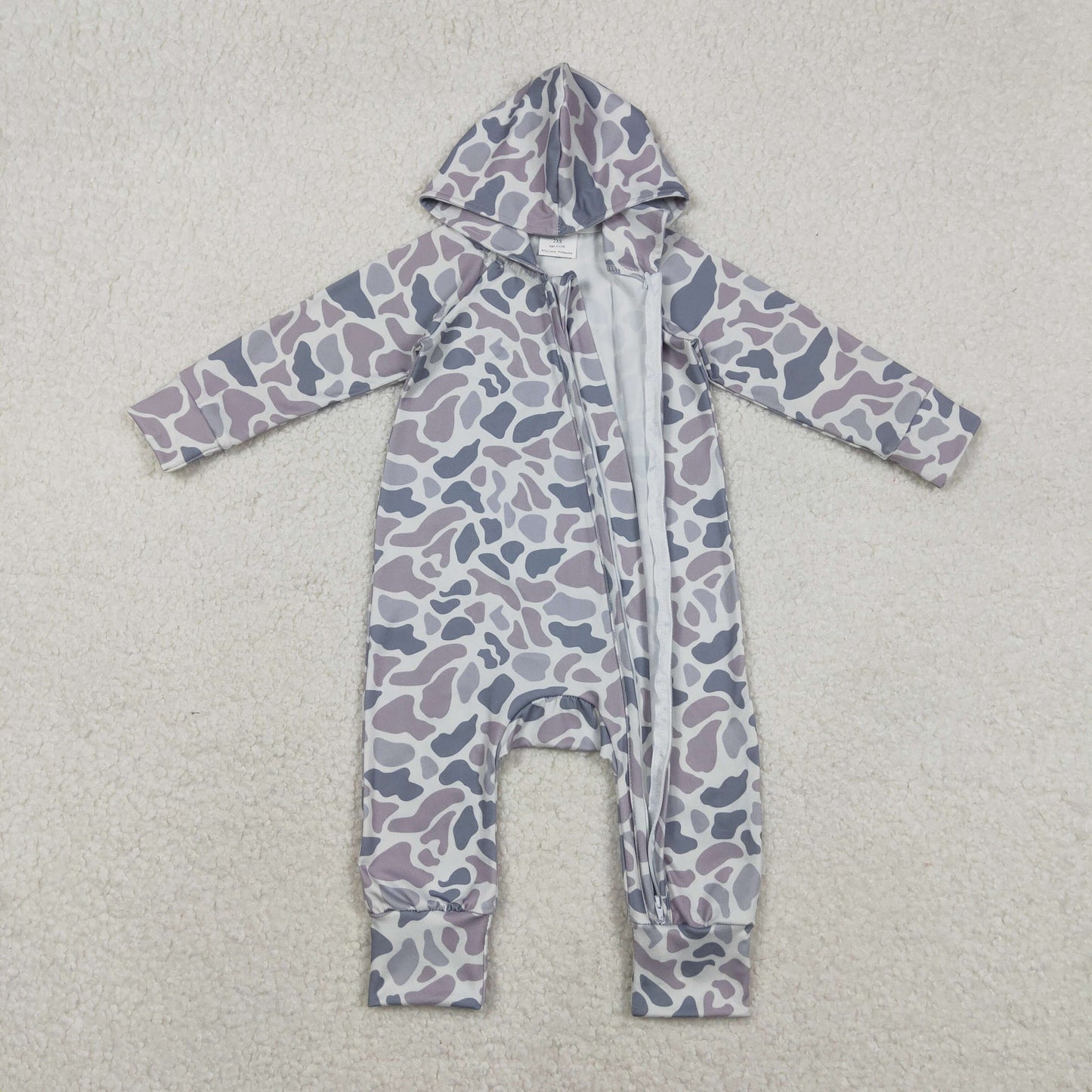 LR2813 Baby Boys Southern Light Grey Camo Two Way Zip Hoodies Hunting Rompers